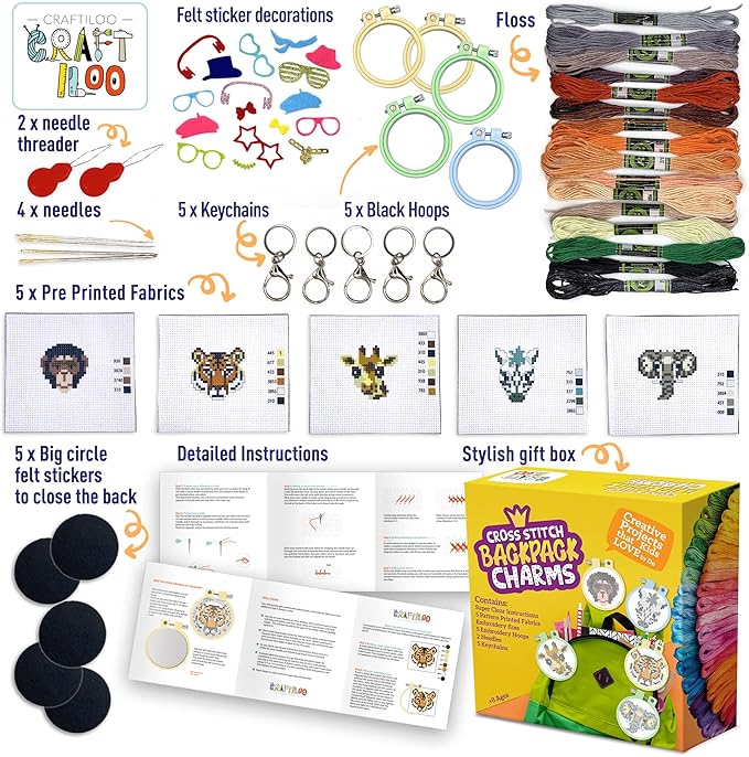 Safari Animals Cross Stitch Kits for Beginners. 5 Stamped Cross Stitch Kits for Kids.Needlepoint Kits for Beginners. Embroidery Kit for Kids. Crossstitch Kit for Beginners. Girls Cross Stitch kit