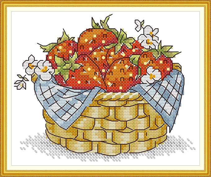 CaptainCrafts Cross Stitch Kits, New Stamped Kit Printed 11CT Fabric Cross Stitching DIY Art DMC Needlecrafts Embroidery Kit for Adults Beginner (Stamped, Basket of Strawberries)