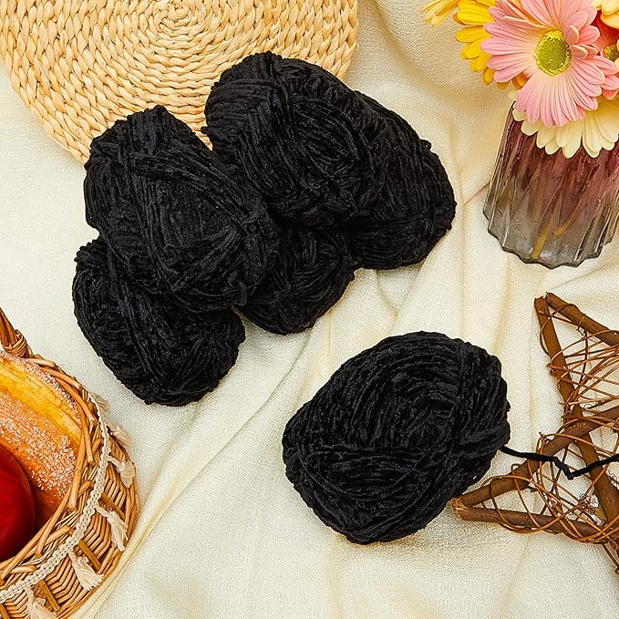 Amylove 6 Rolls Soft Velvet Chenille Yarn for Crocheting 1182 Yards Polyester Blanket Fuzzy Thick Yarn for DIY Knitting Bulky Weaving Crafts, 197 yd, 3.53 oz Each Roll(Black)