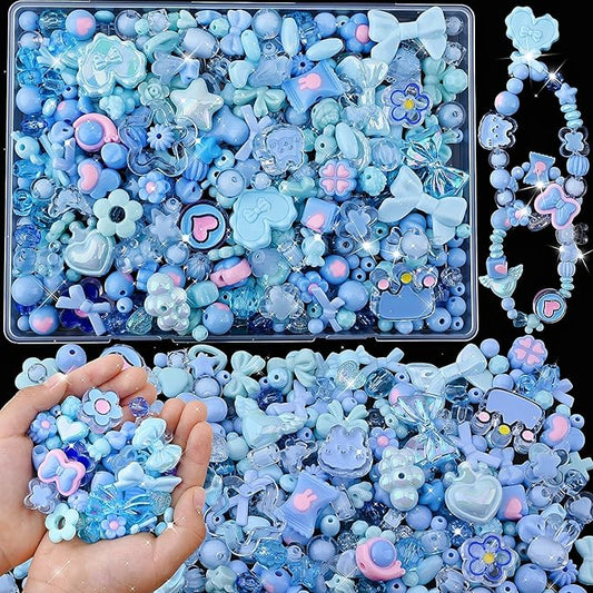Omiposs 300Pcs Acrylic Beads for Bracelet Making with Cute Kawaii Charms, Beads & Assortments for Friendship Bracelets, Jewelry Making DIY Necklace Keychain Phone Charm Craft Gifts (Blue)