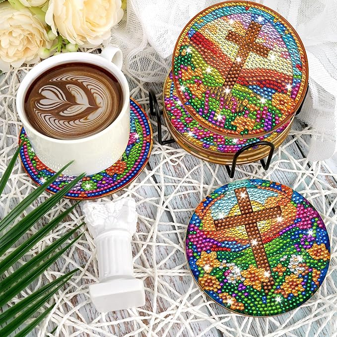 8 Pcs Cross Diamond Art Coasters Kit with Holder and Cork Pads, DIY Christian Diamond Painting Coasters for Adults Beginners, Religious Crafts for Home Decor or Gift