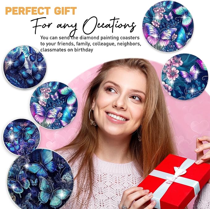 8 pcs Diamond Painting Coasters | Diamond Art Coasters | Blue Butterfly Diamond Art Painting | Perfect Art Craft Gift for Butterfly Lover, Dad, Mom, Grandparents, Brother, Sister.