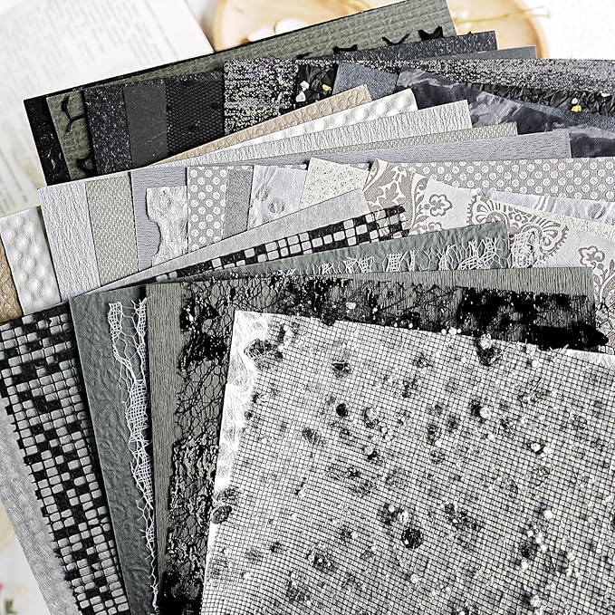 30Pcs Unique Handmade Textured Scrapbook Paper&Mesh Fabric set - A5 sheet Black&Gray Craft Mulberry Special Mix for Scrapbooking Junk Journaling Supplies Card Collage DIY Materials, 5.8x8.2 inches
