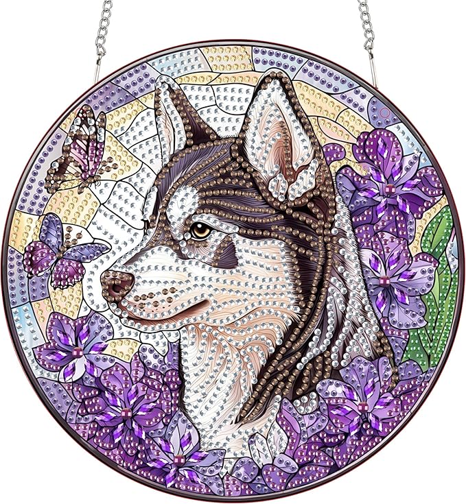 Bimkole Dog Diamond Art Hanging Kit for Adult, DIY 5D Diamond Art Animal Window Pendant, Acrylic Crystal Art Hanging Ornament Home Wall Garden Front Door Sign Outdoor Decor 7.8x7.8 Inch