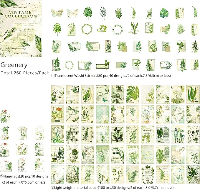 200 Pcs Vintage Ephemera Bundle Junk Journal Kit Scrapbook Supplies Paper Sticker Material Pack Scrapbooking Kit for Art Journaling Bullet Journals Planners Collage Decoupage Crafter Gifts(Greenery)