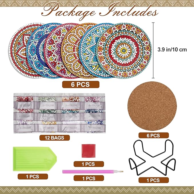 Temlum 6 Pcs Diamond Painting Coasters with Holder, Mandala Diamond Art Coasters Kits for Beginners, Adults Small Diamond Painting Kit Art Craft Supplies