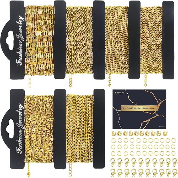 18k Gold Necklace Chains for Jewelry Making, 39.3 Feet 6 Rolls Bracelet Chains for DIY,6.5Feet Each Style, Gold Chain with Jump Rings/Lobster Clasps/Connectors