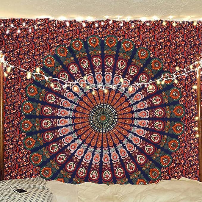 bless international handmade indian hippie bohemian psychedelic peacock mandala wall hanging college dorm beach throws table cloth bedding tapestry (golden red green, king(88x104inches)(225x265cms))