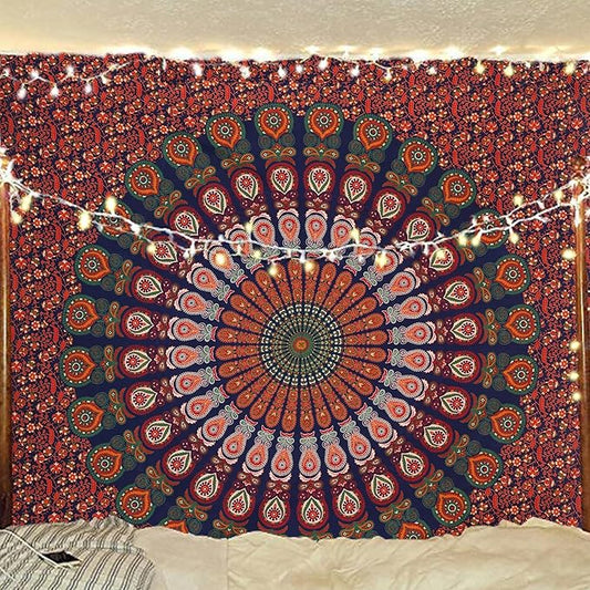 bless international handmade indian hippie bohemian psychedelic peacock mandala wall hanging college dorm beach throws table cloth bedding tapestry (golden red green, king(88x104inches)(225x265cms))