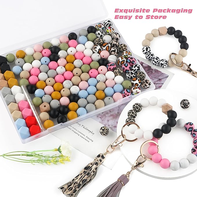 Sunrony 150pcs Silicone Beads for Keychain Making Bracelet Decoration and 15mm Silicone Beads for Pens (Leopard)