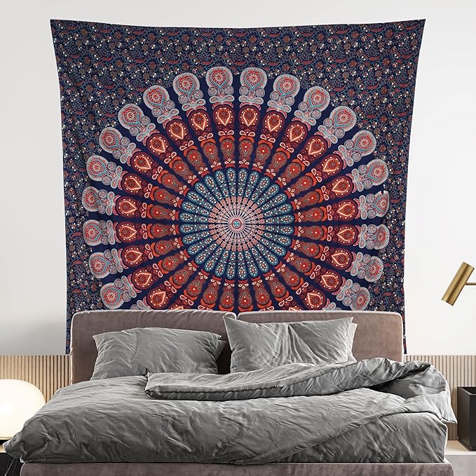 bless international handmade indian hippie bohemian psychedelic peacock mandala wall hanging college dorm beach throws table cloth bedding tapestry (golden blue white, king(88x104inches)(225x265cms))