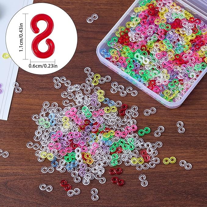 XIYAOXI 600Pcs S Clips Plastic Bracelet Connectors - Clear 300 + Colorful 300 Loom Accessories for Rubber Band Bracelet Making Kit, DIY Crafts Creative Projects Rainbow Loom Charms