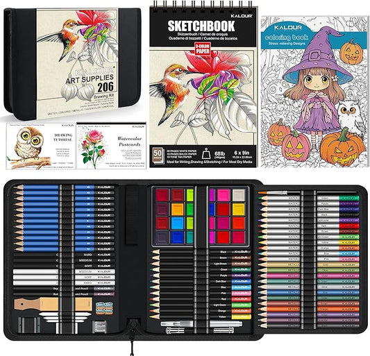 KALOUR 206 Drawing Set Sketching Kit,Art Supplies with 3-color Sketchbook & Coloring Paper,Include Tutorial, Colored, Graphite, Charcoal, Watercolor & Metallic Pencil,for Artists Adults Teens Beginner