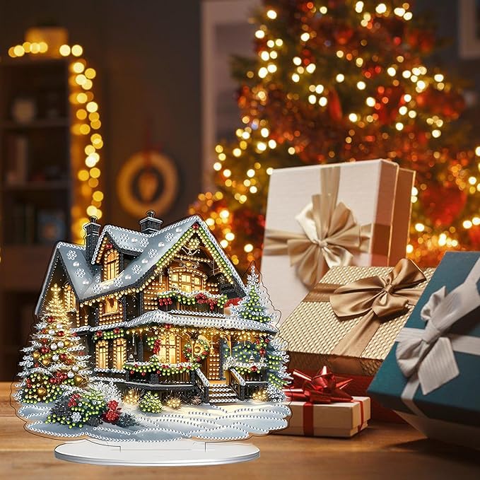 JJFox DIY Tabletop Diamond Art Painting Kit，Special Shaped Rhinestone Desk Placement Ornament，Home Stand Up Gem Painting Craft Kit，Gift,Double Sided. (Christmas House-1)