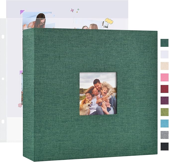 Mublalbum 10x10 Inch DIY Scrapbook Photo Album with 40 Plastic Sleeves 80 Pages Linen Cover 3 Ring Folder Binder for Wedding Baby Family and DIY Projects (Dark Green)