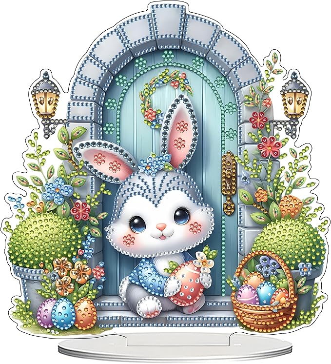JJFox DIY Tabletop Diamond Art Painting Kit，Desktop Ornament Special Shaped Rhinestone Desk Placement Ornament，Home Stand Up Gem Painting Craft Kit Gift Double Sided (Easter Rabbit)