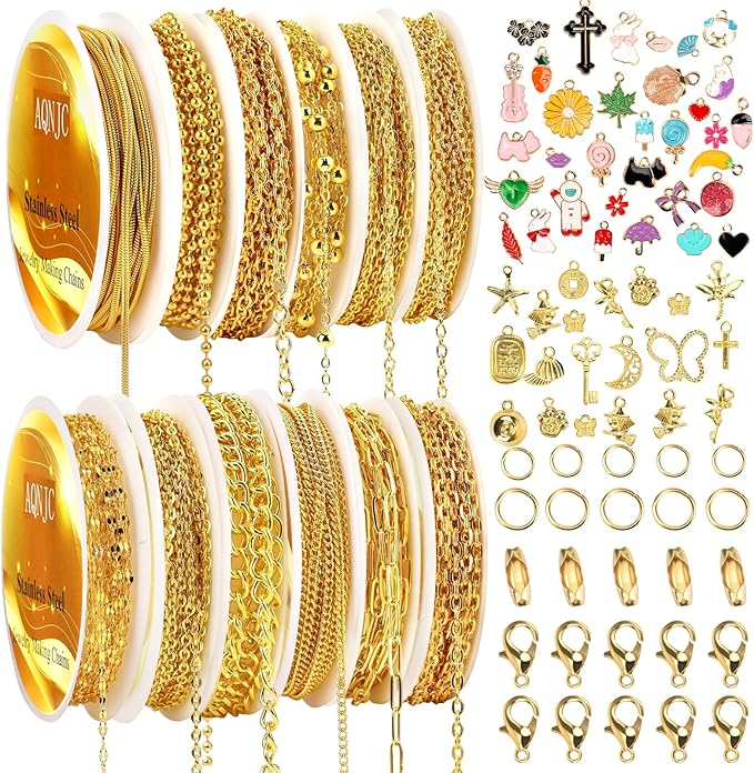 AQNJC Gold Chain for Jewelry Making, 98 Feet 12 Rolls Jewelry Chains with Gold Charms for Women DIY Necklace Bracelet Making Supplies with Jump Rings, Lobster Clasps, Connectors