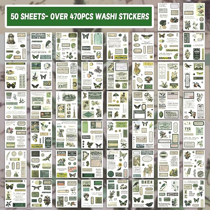 Green Vintage Washi Journaling Sticker Book, 476PCS Botanical Washi Tape Stickers, Scrapbooking Supplies for Junk Journal Supplies Crafts Arts, Planner, DIY Craft