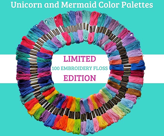 Athena's Elements Embroidery Thread Unicorn and Mermaid Color Palettes, 100 PCS Polyester Floss Coded as Embroidery Numbers, Best Bracelets String Set