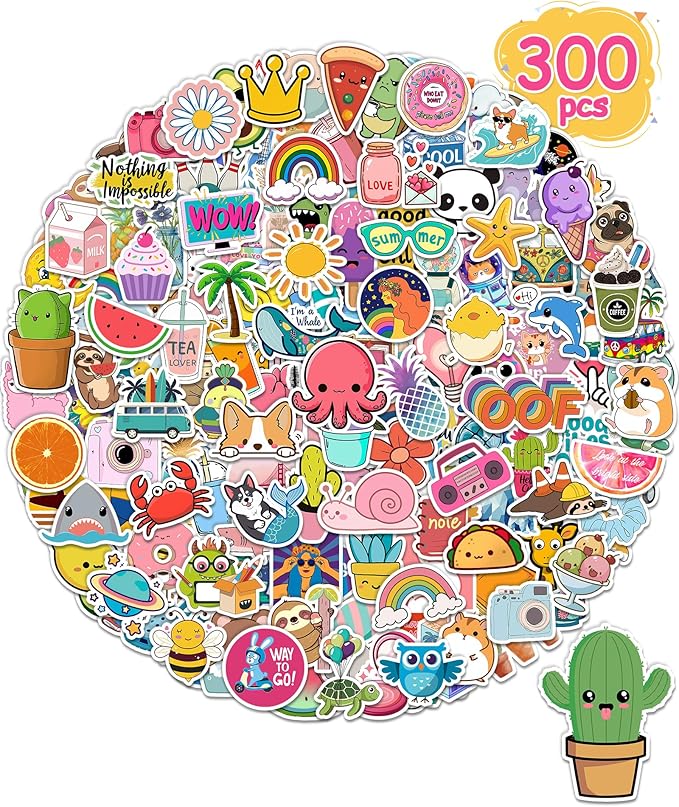 300 pcs stickers for kids, cute water bottle vinyl waterproof laptop stickers for students gifts school supplies classroom teacher prizes stocking stuffers sticker pack for kids girls teens