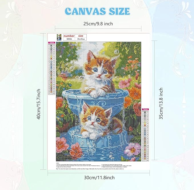 QENSPE Diamond Painting Cute Kitten Art Kits, DIY Full Drill Diamond Art for Adults, 5D Flower Round Diamond Dots Paintings Gem Crystal Crafts Home Wall Decor Gifts 30x40cm
