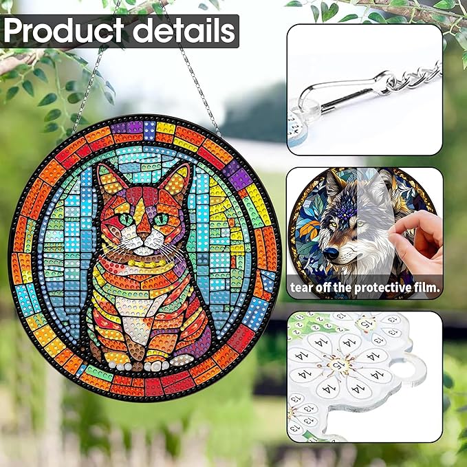 SKRYUIE Cat Hanging Diamond Art Kits for Adults Pendant Suncatcher, Special Shaped Crystal DIY Pearl Diamond Painting Kit, Gift for Mother Spring Summer Window Wreath Decor 7.87 x 7.44 Inch A14