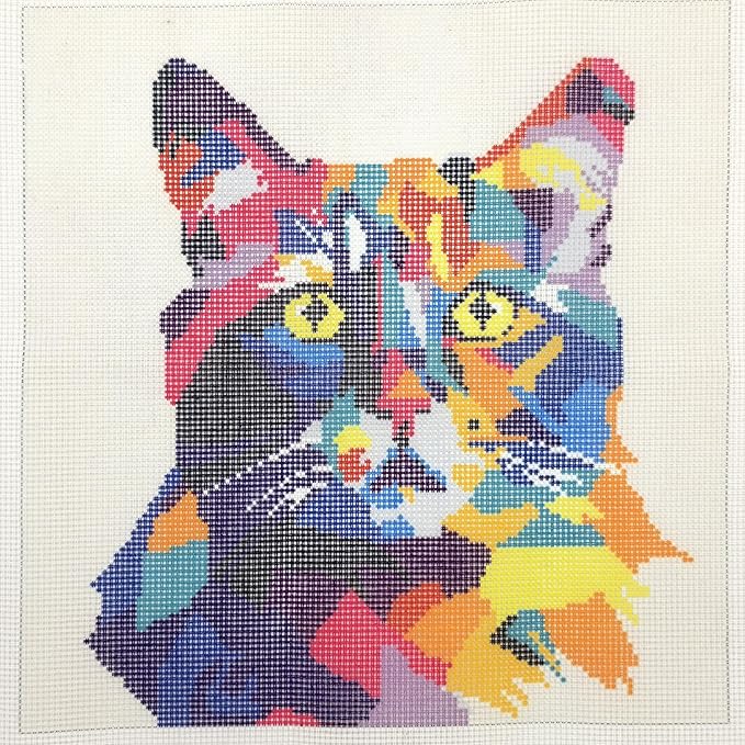 Howie's Needlepoint Needlepoint Kits for Adults Beginners, Furbish Cat Needlepoint Pillow Front Kit with Stamped Pattern on Canvas, Yarn, 2 Needles and Instruction, 16 x 16inch(Pop Art Cat)