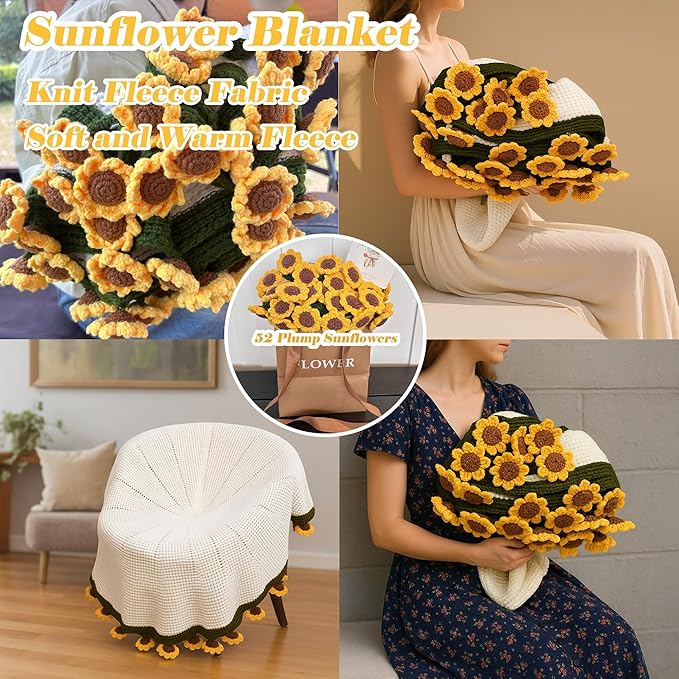 Yarniss Finished Crochet Sunflower Bouquet Blanket,49 Inch Round Sunflower Floral Knitted Gift,Hand Crocheting Blanket(52pcs Petals)