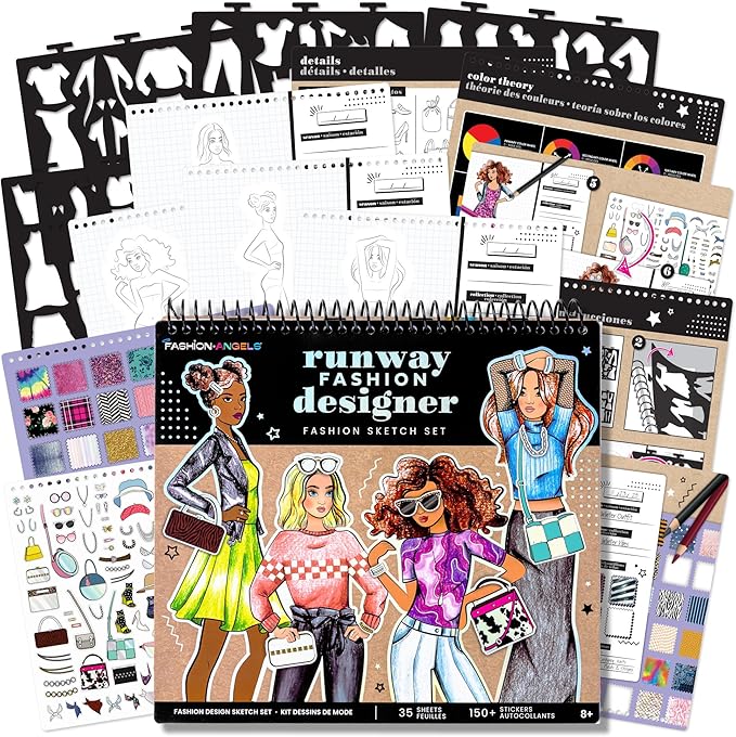 Fashion Angels Fashion Runway Design Portfolio Book, Includes 35 Sketch Sheets with 4 Stencil Pages & 150+ Stickers, Ideal for Kids Ages 8 & Up
