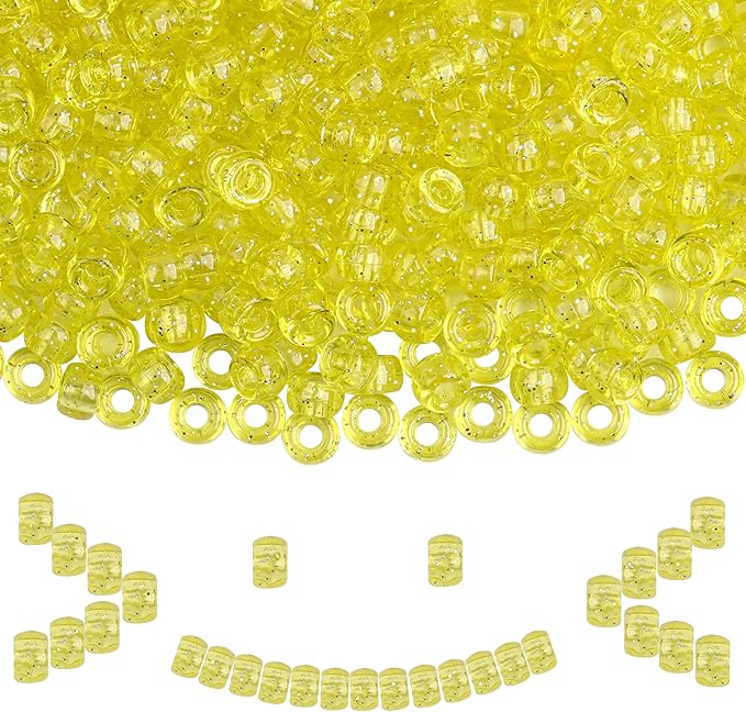 Plastic Pony Beads, 1000 Pcs, 6x9mm, for Bracelet, Hair Braiding, Friendship Bracelets, Jewelry Making (Yellow Glitter)