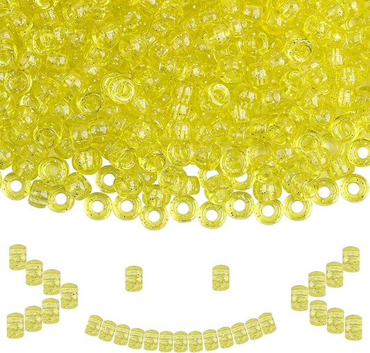 Plastic Pony Beads, 1000 Pcs, 6x9mm, for Bracelet, Hair Braiding, Friendship Bracelets, Jewelry Making (Yellow Glitter)