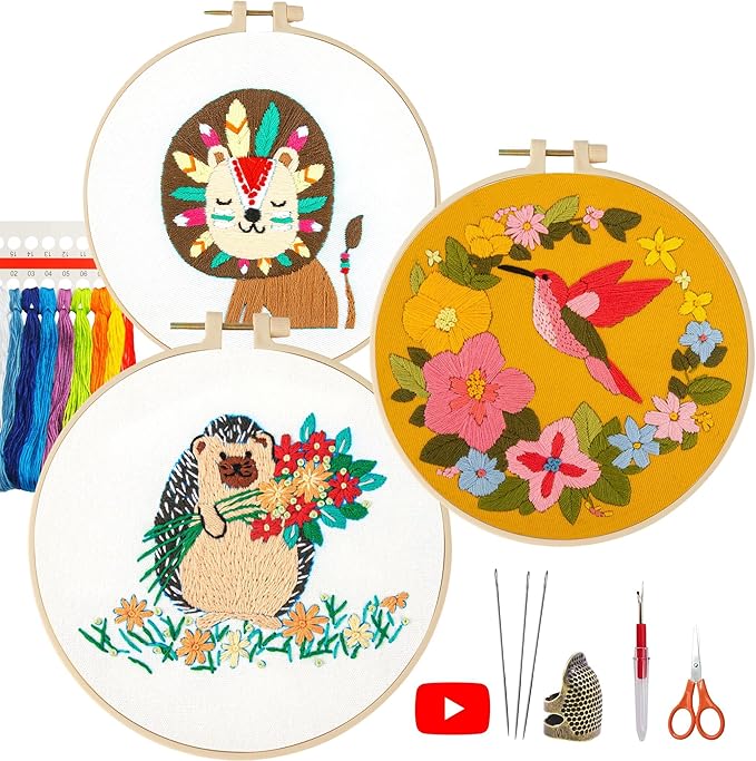 lx lermx embroidery kits for beginners, adult starter cross stitch kit needlepoint complete diy kit with unique patterns, hoop, colorful threads, tools, step by step instructions & video tutorial