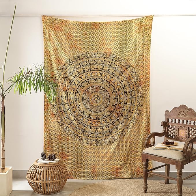 popular handicrafts twin mandala hippie tie dye psychedelic elephant tapestry wall hanging - indian maditation gypsy bohemian hippy dorm room decor yellow 82x54 inch
