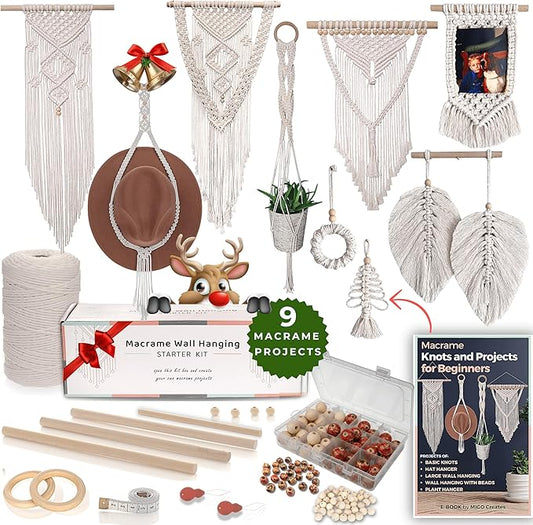 migo creates diy macrame kit for beginners with 9 macrame projects ebook, 115 pcs macrame supplies & 220yd cotton yarn | create unique bohemian decor craft projects! perfect diy crafts for adults!