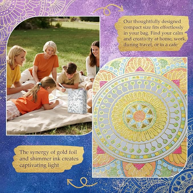 Mandala Adult Coloring Book for Women Relaxation, Gold Foil Mandala Coloring Book Set with 24 Colors Retractable Glitter Gel Pens, 12Pcs Premium Single-Sided Paper Mindfulness Gift Include Gift Bag