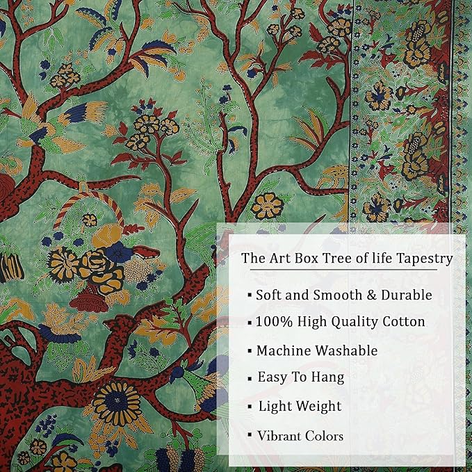 the art box tapestry green tree of life wall hanging – indian cotton twin bedspread, picnic sheet, blanket, wall art for bedroom décor (82x54 inch)