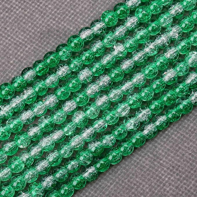 300PCs 6mm Green Crackle Glass Beads Bulk, Round Smooth Hole Glass Crystal Beads for Jewelry Making, DIY Bracelets, Necklaces, Bag Charms, Keychains and Craft Projects
