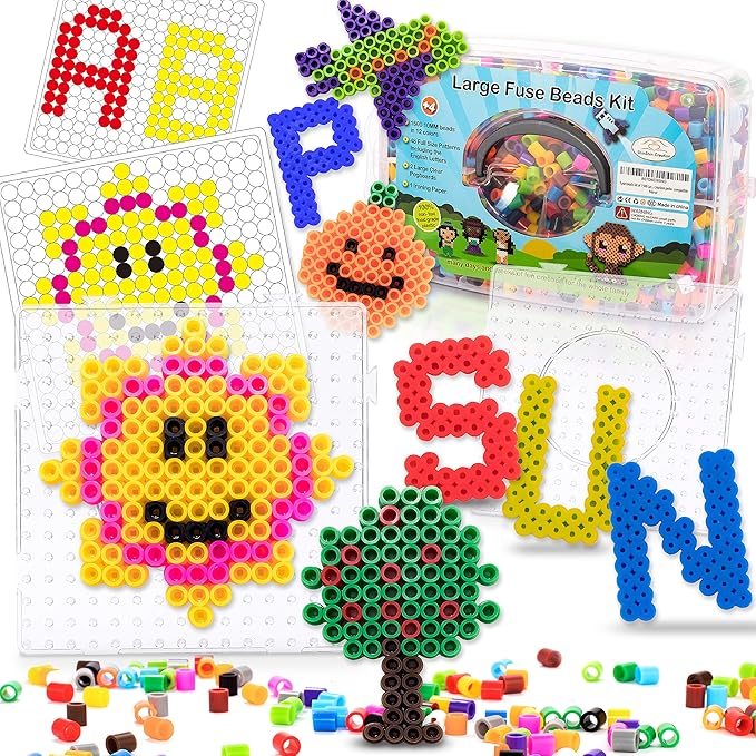 fuse beads kit of 1500 large 10mm melty beads perfect for ages 4-7 with 48 patterns and pegboard arts and crafts for girls and boys