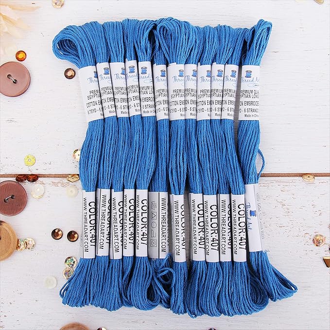 12 Skeins ThreadArt Premium Egyptian Long Fiber Cotton Embroidery Floss | Blue | 6 Strand Divisible Thread 8.75yds Each for Hand Embroidery, Friendship Bracelets, Cross Stitch and Crafts