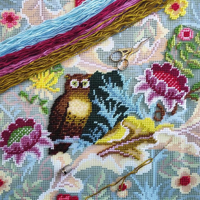 Brvsk Tapestry Needlepoint Kit for Adults and Beginners — Owl by John Henry Dearle 16″ × 16″ with Clear, Precise Printed Design on Cotton Canvas; Includes 2 Needles, Yarn, and Easy-Read Chart