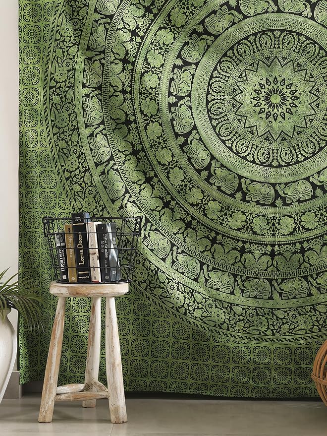 popular handicrafts queen mandala hippie tie dye psychedelic elephant tapestry wall hanging - indian maditation gypsy bohemian hippy dorm room decor green 81x88 inch