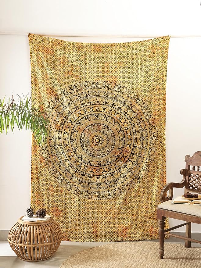 popular handicrafts twin mandala hippie tie dye psychedelic elephant tapestry wall hanging - indian maditation gypsy bohemian hippy dorm room decor yellow 82x54 inch