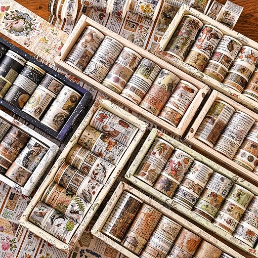 18 Rolls Vintage Washi Tape Pack Retro Arts Adhesive Tapes Wide Monologue Decorative Masking Tape Sets for Craft, Kids, Scrapbook, DIY, Gift Wrapping (Jungle Trails)