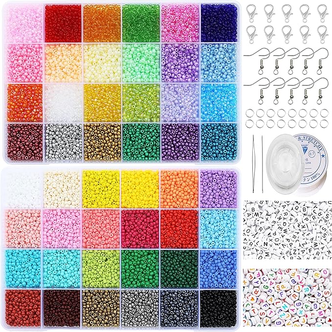 16800 Pcs 3mm Seed Beads & 260 Pcs Alphabet Beads Kit - Complete Jewelry Making Supplies with Elastic String, Earring Hooks & Claw Clasps | Ideal for DIY Bracelets, Necklaces