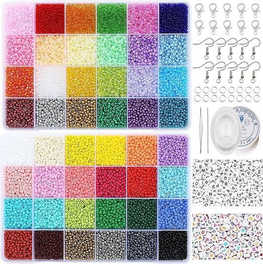 16800 Pcs 3mm Seed Beads & 260 Pcs Alphabet Beads Kit - Complete Jewelry Making Supplies with Elastic String, Earring Hooks & Claw Clasps | Ideal for DIY Bracelets, Necklaces