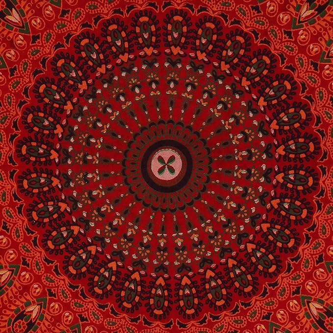 bless international handmade indian hippie bohemian psychedelic peacock mandala wall hanging college dorm beach throws table cloth bedding tapestry (golden red, poster(30x40inches)(76x101cms))