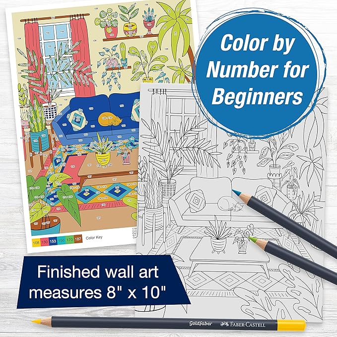 Faber-Castell Color by Number Wall Art: Plant Room - Adult Arts and Crafts, Colored Pencils for Adult Coloring, Color by Number for Adults (Pack of 2)
