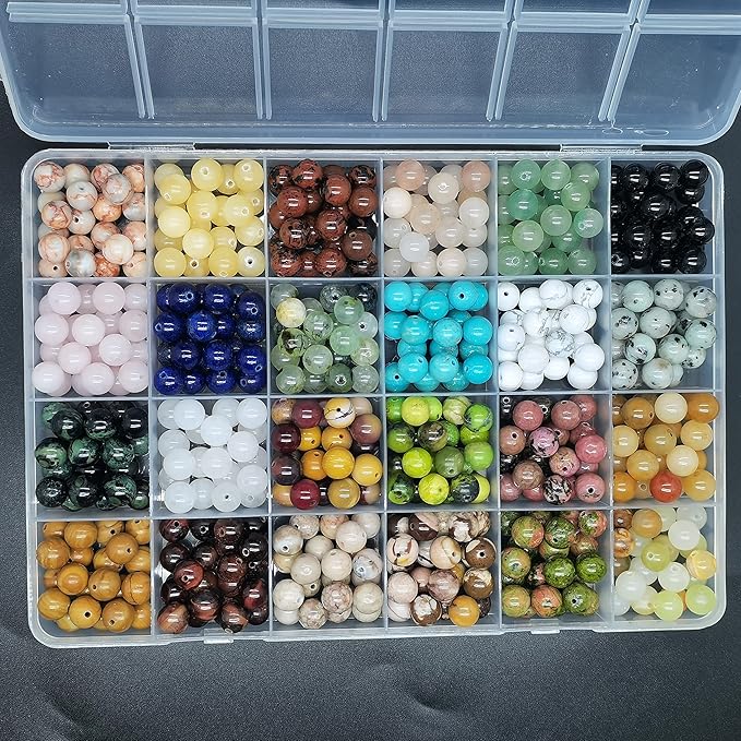 504pcs 8mm Natural Round Stone Beads Gemstone Beading Hole Size 1mm Crystal Energy Stone Healing for Bracelet Necklace Earrings Jewelry Making(24 Colors-1,8mm)