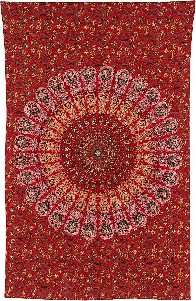 bless international handmade indian hippie bohemian psychedelic peacock mandala wall hanging college dorm beach throws table cloth bedding tapestry (golden red, twin(54x72inches)(140x185cms))