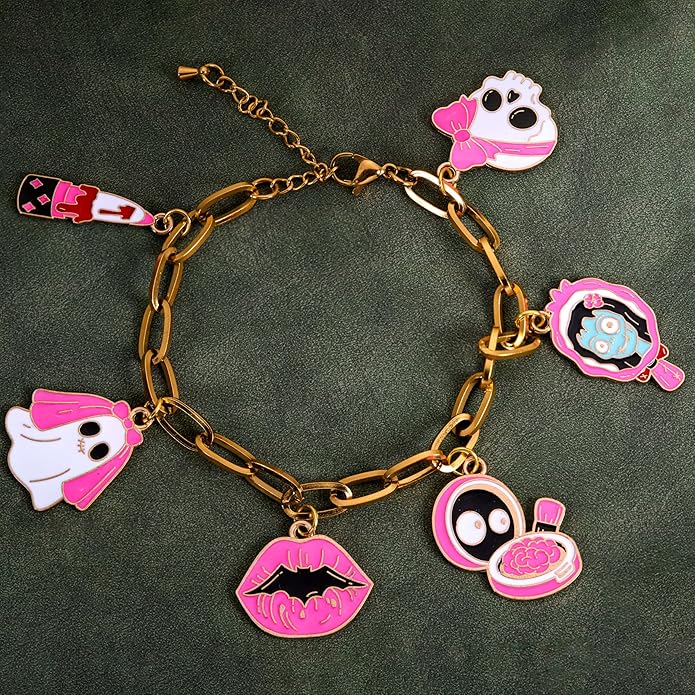 Halloween Enamel Charms, 32 Pcs Metal Set, 8 Pink-Black Pastel Goth Designs for Jewelry Making, Keychains, Phone Straps (Ghost Bride, Skull, Lipstick, Bow, Bat Lips, Compact, Bloody Dress, Zombie Cameo)